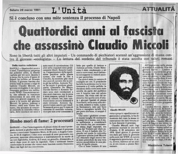 L'unità sulla sentenza per l'omicidio di Claudio Miccoli
